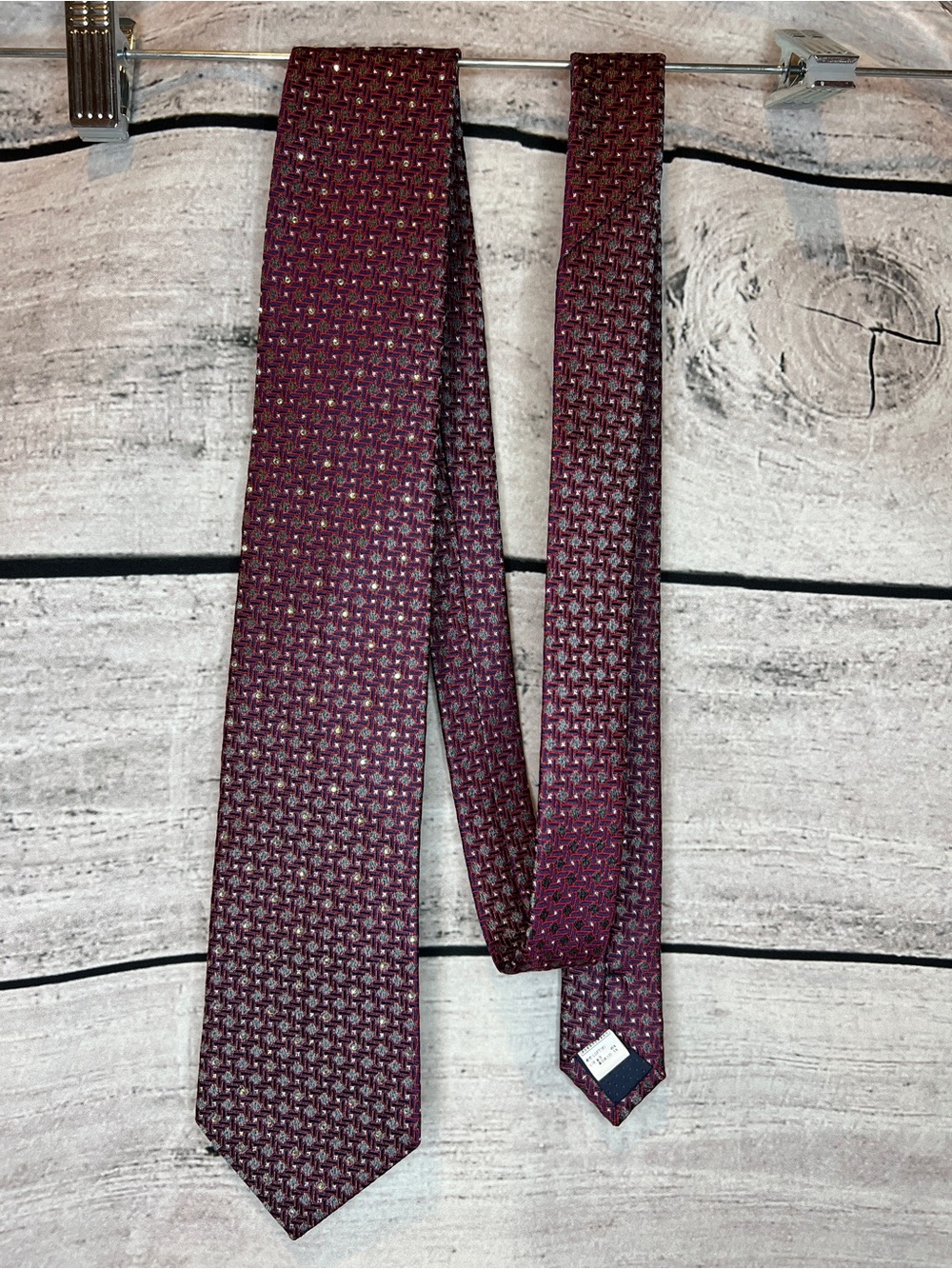 Lancetti Milano Wine & Navy Blue Textured Geometric Tie Rhinestones Unique Rare